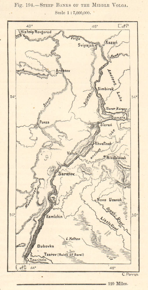 Steep Banks of the Middle Volga. Samara Saratov Kazan. Russia. Sketch map 1885